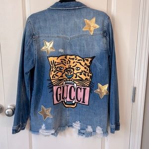 Repurposed Distressed Denim Jacket with Patches